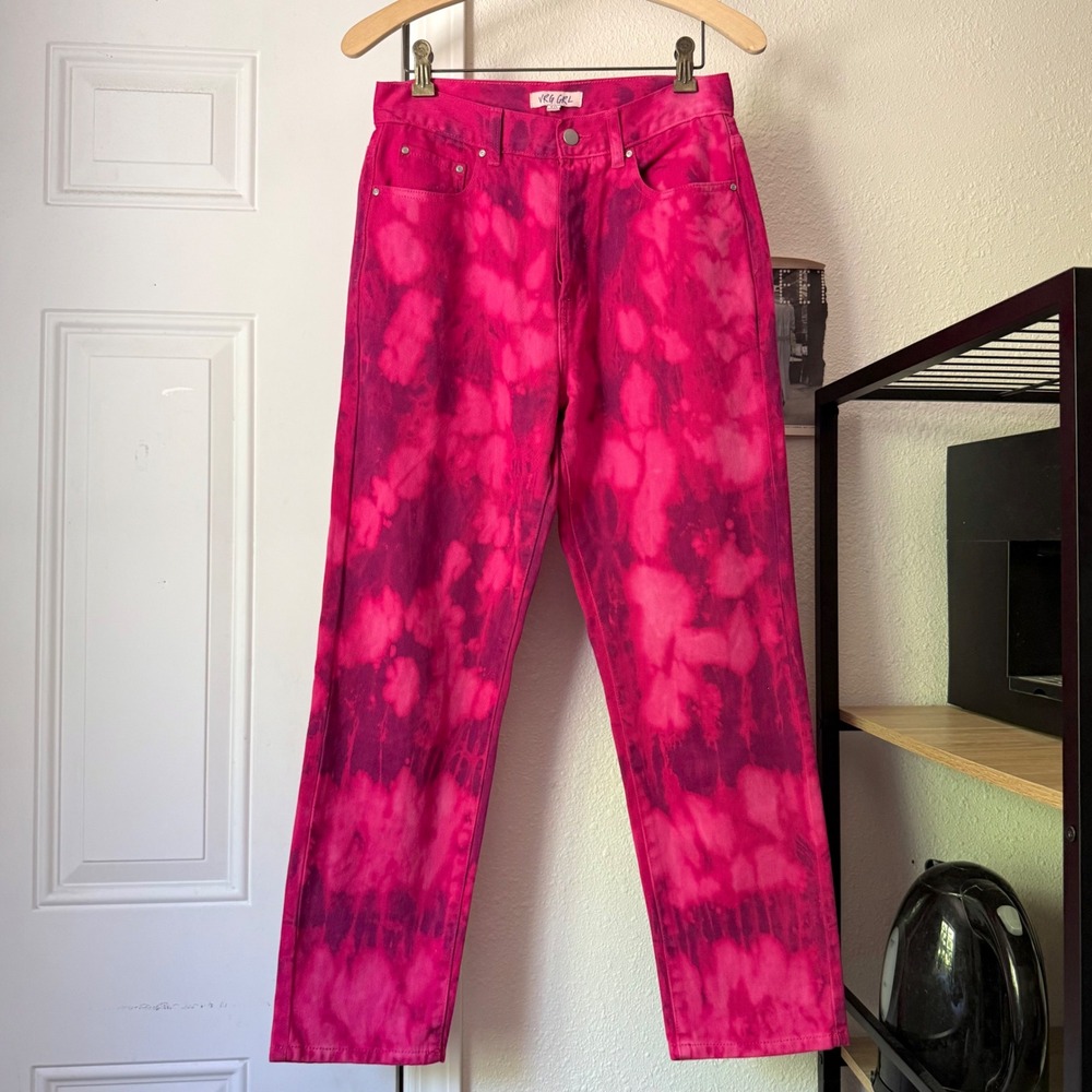 VRG GRL pink magenta cotton tie dye denim straight leg pants